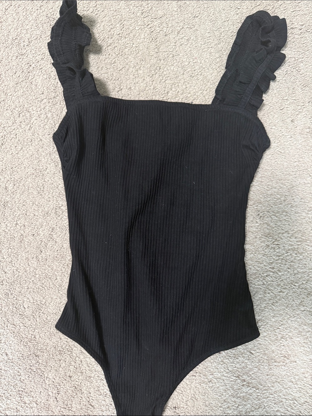 Lulu's Black Ribbed Ruffle-Strap Bodysuit